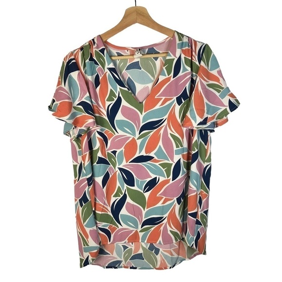 Boutique 2 Hearts Colorful Petal Flutter Short Sleeve Top L - Picture 2 of 4